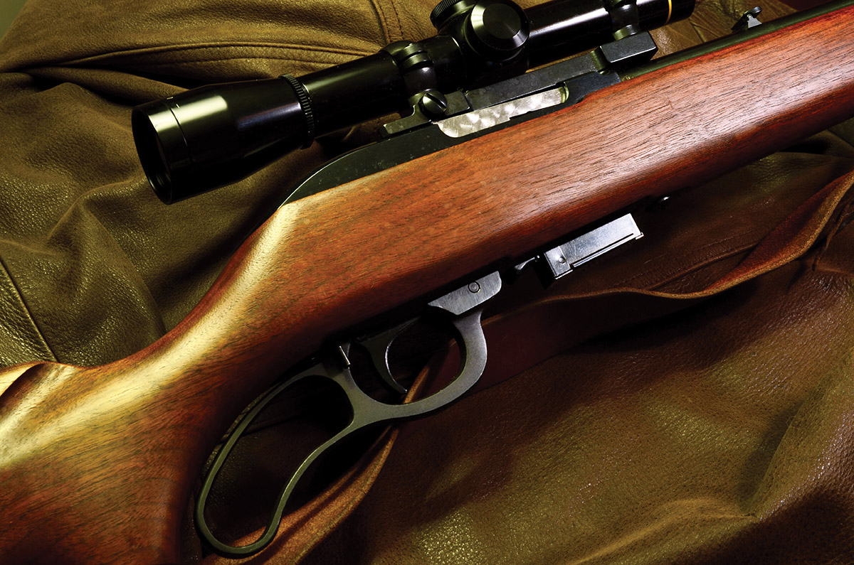 Marlin Model 62 Levermatic, fitted with a Leupold 3x fixed-power scope with a 1960s-authentic glossy finish. The rifle is also fitted with an original George Lawrence Company of Portland, Oregon, leather sling. It’s a sexy rifle; I don’t care what anyone says.